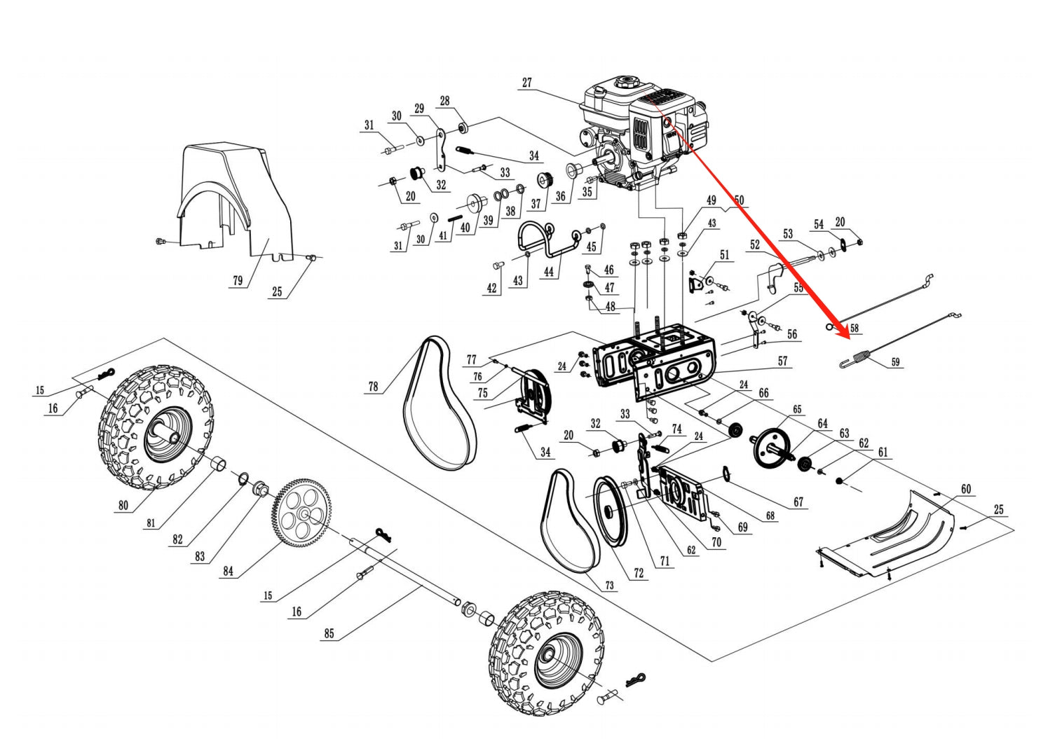 Snow Blower Parts - Lower Auger Cable, Stock #303200012