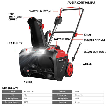 40V 21'' Single Stage  Cordless Snow Blower + Leaf Blower Combo Kit HB2421+PS76220A