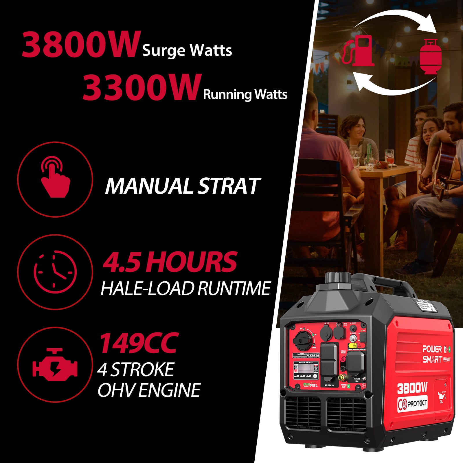 3800W Dual Fuel Inverter Generator HB5040DC w/ CO Alert