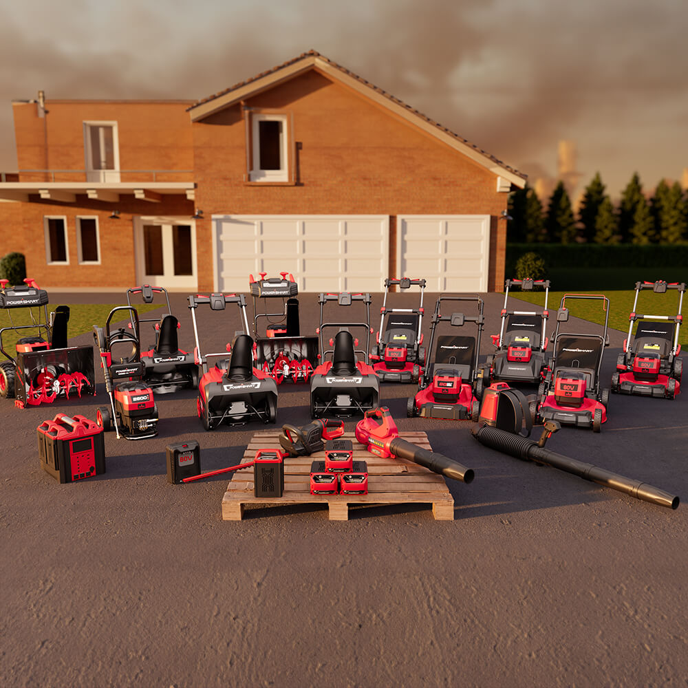 Collection of lawn mowers and tools in front of a house