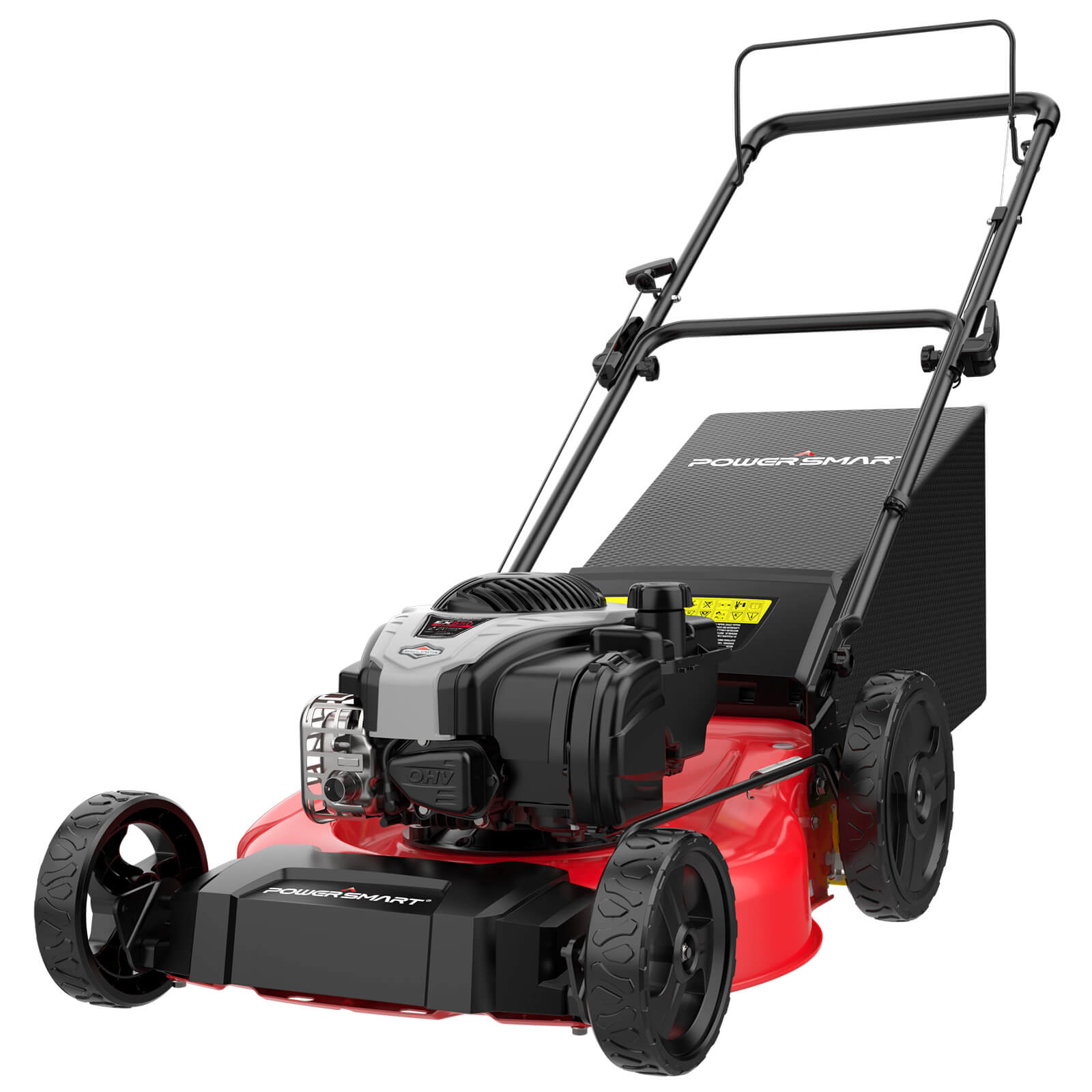 A red and black 21-inch 140cc gas push lawn mower with a Briggs & Stratton engine.
