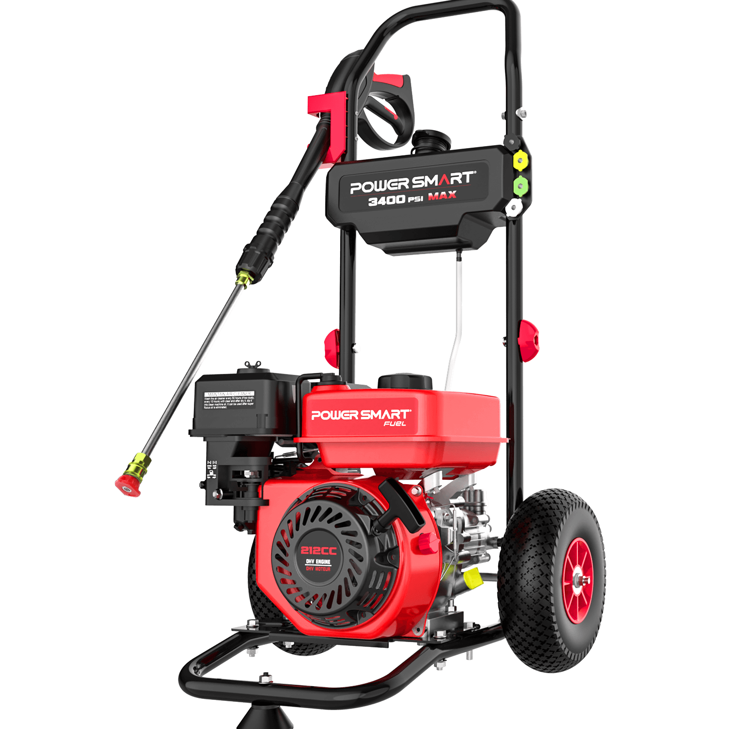 Red and black pressure washer with 'Power Smart' branding on a black background