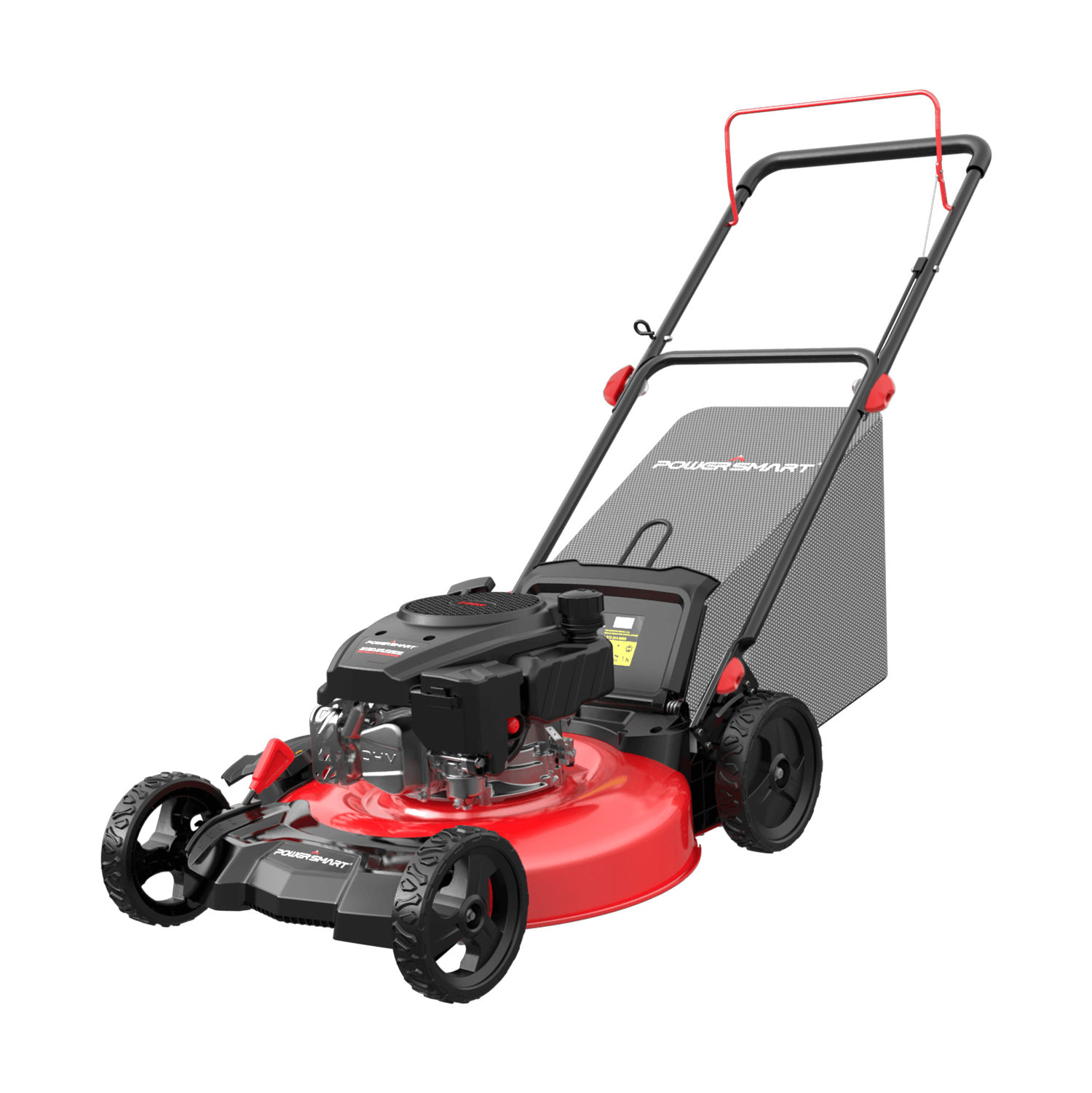 Red and black lawn mower on a white background