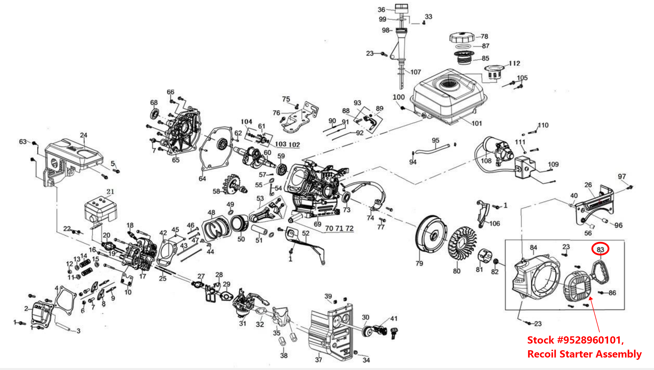 Snow Blower Parts - Recoil Starter Assembly, Stock #9528960101