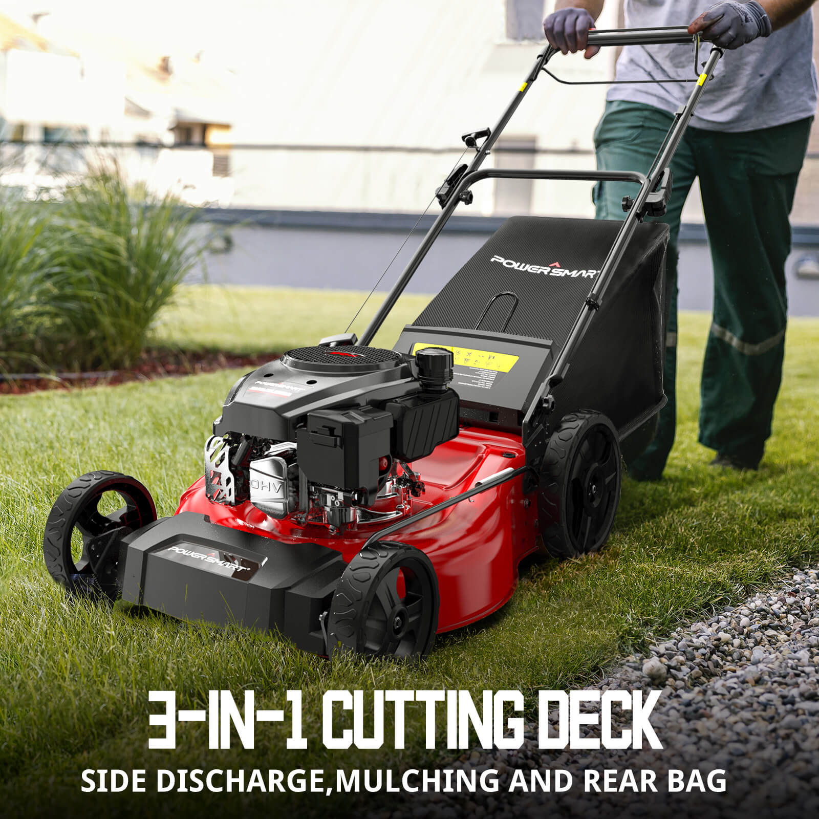 21" 170cc Gas Self-propelled 3-in -1 Lawn Mower w/ 10-Inch Rear Wheels MB8602S