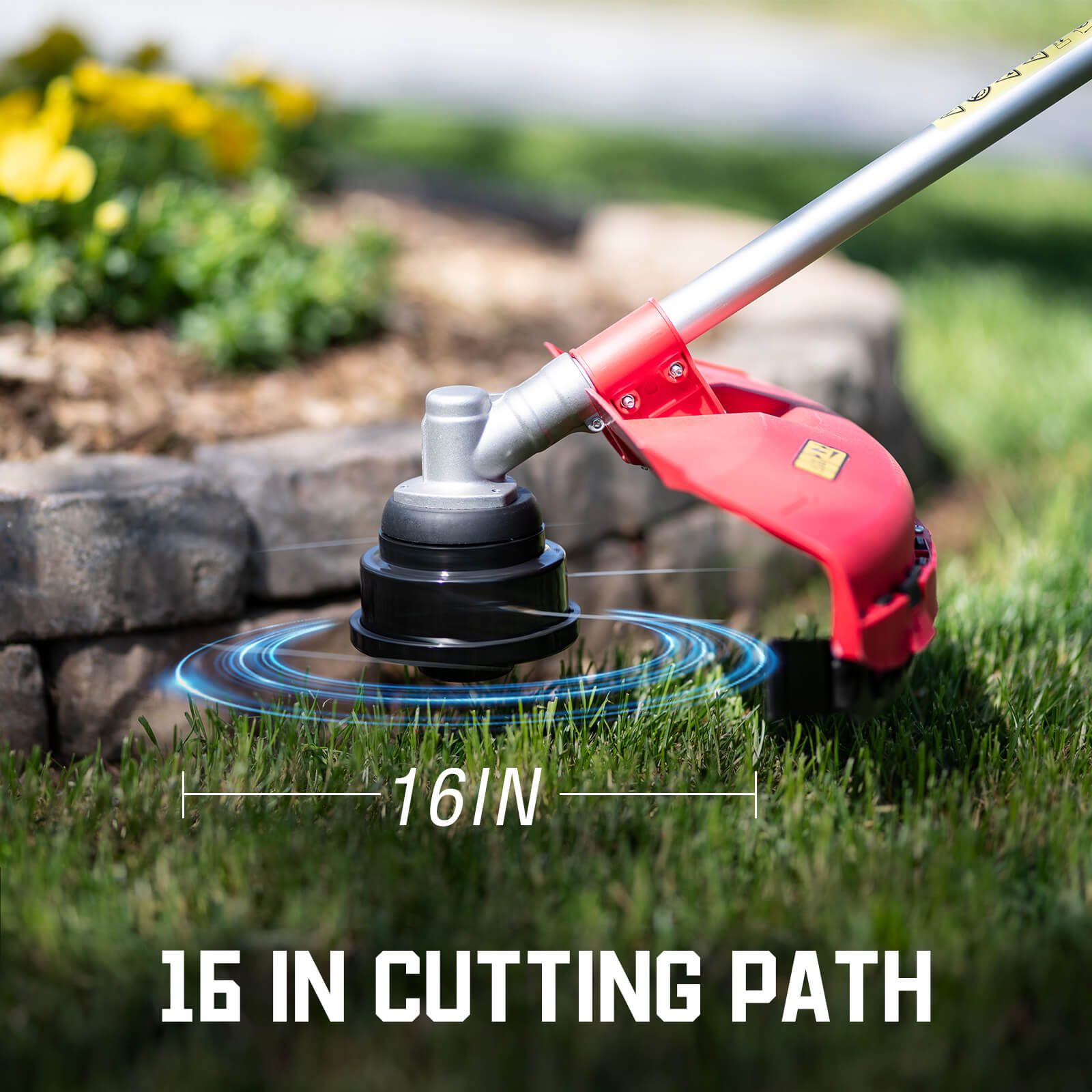 Gardening tool with '16 IN CUTTING PATH' text on grass