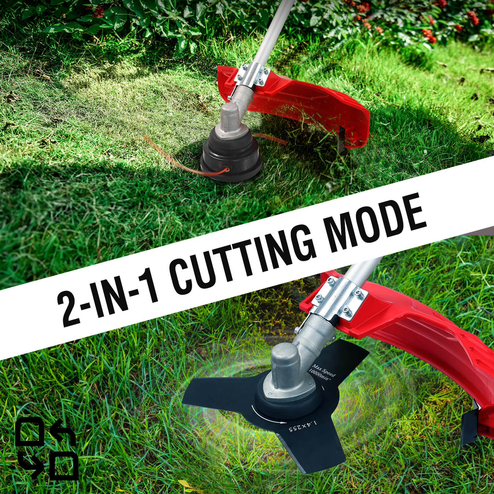 Red and black gardening tool with '2-in-1 Cutting Mode' text on a grass background