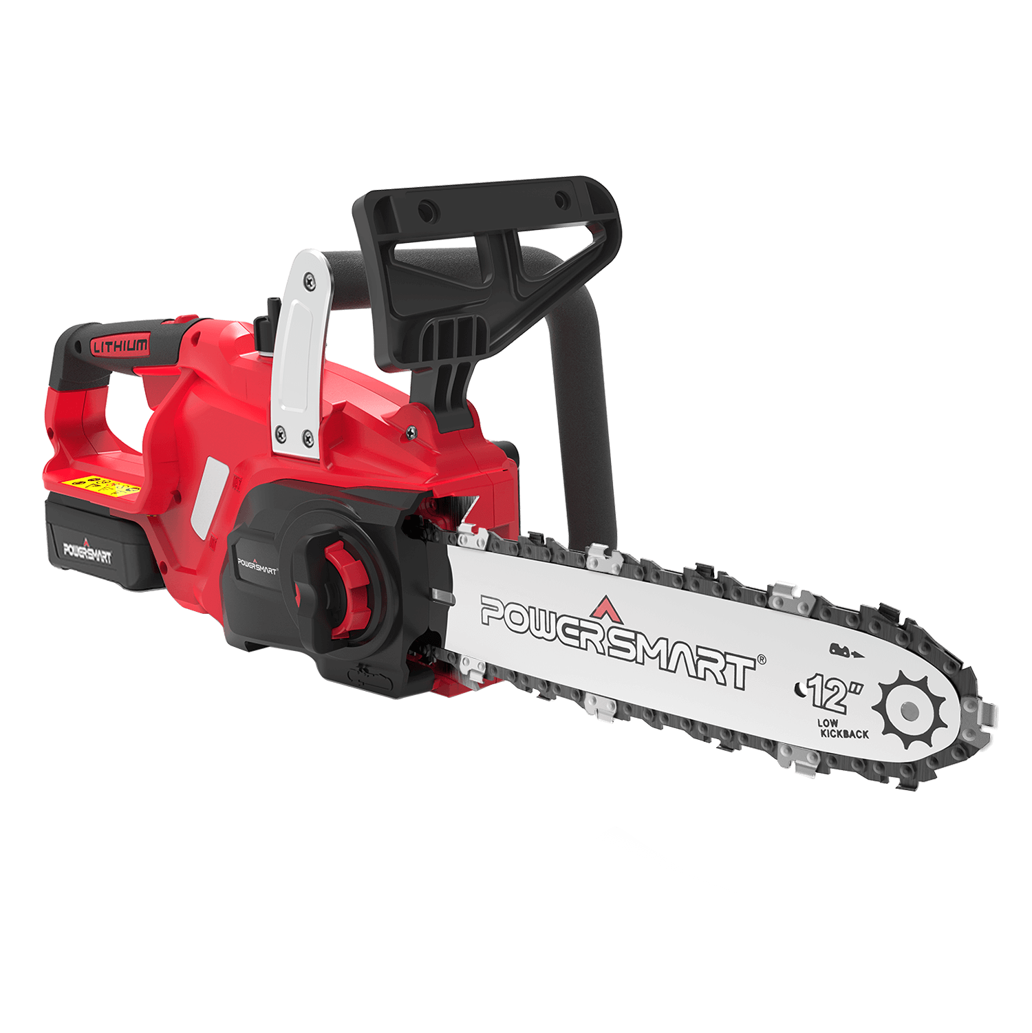 Red and black chainsaw with 'PowerSmart' branding on a white background
