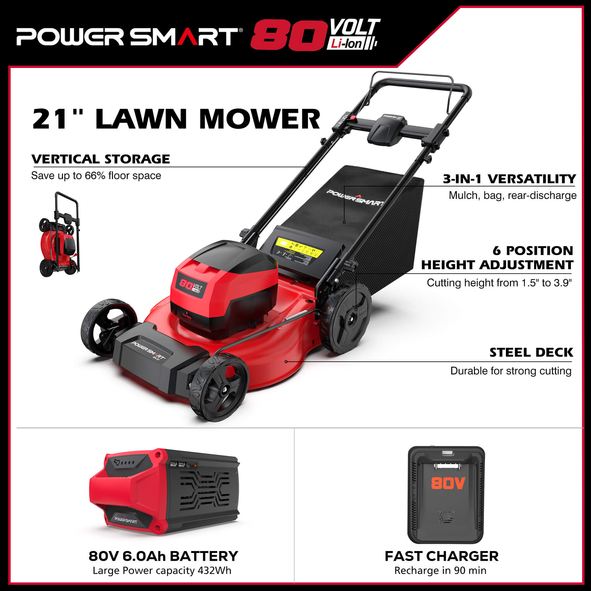 80V 21" Cordless Push Lawn Mower w/ Battery & Charger PS76821