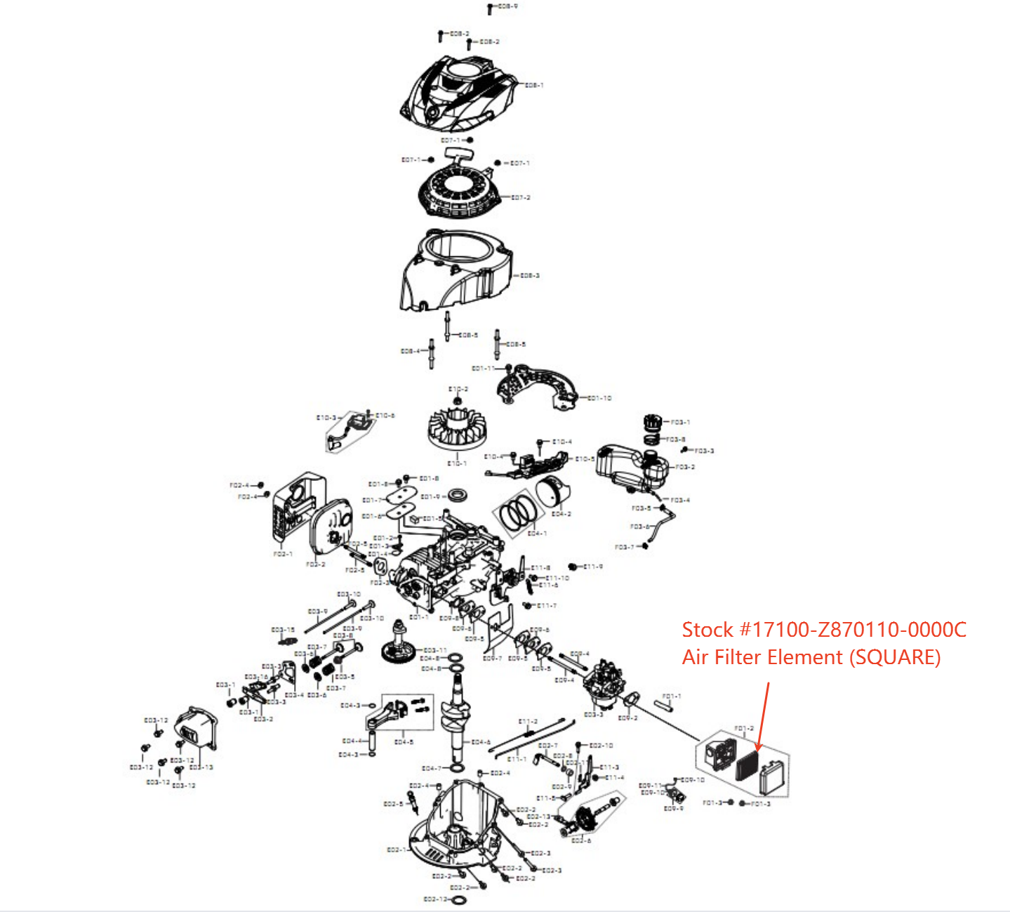 PowerSmart Lawn Mower Parts-200cc Air Filter Element (SQUARE), Stock #17100-Z870110-0000C
