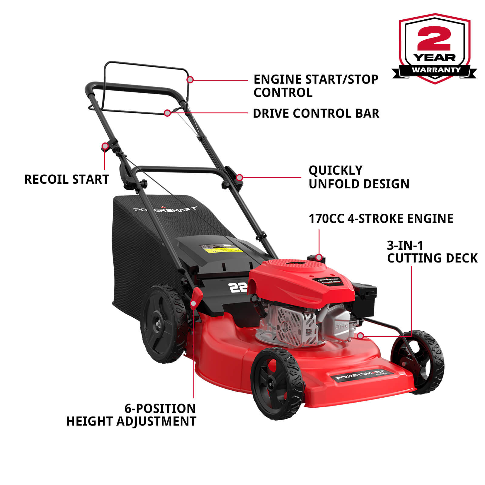 22" 170cc Gas Self-Propelled 3-in-1 Lawn Mower V8622S