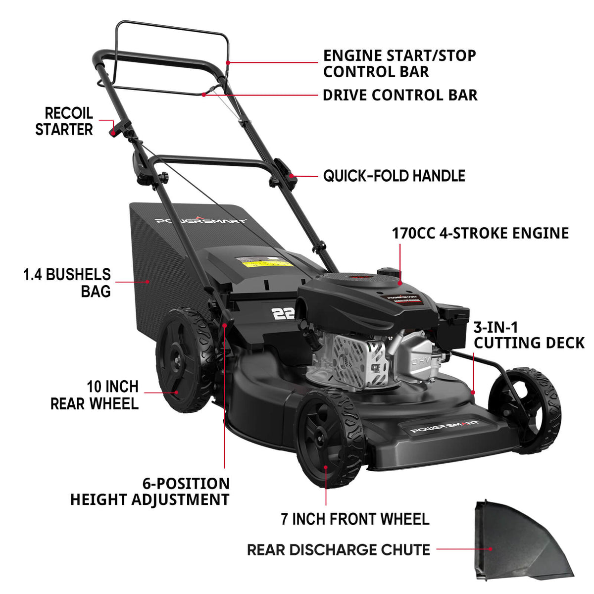 22" 170cc Gas Self-Propelled 3-in-1 Lawn Mower V8622S