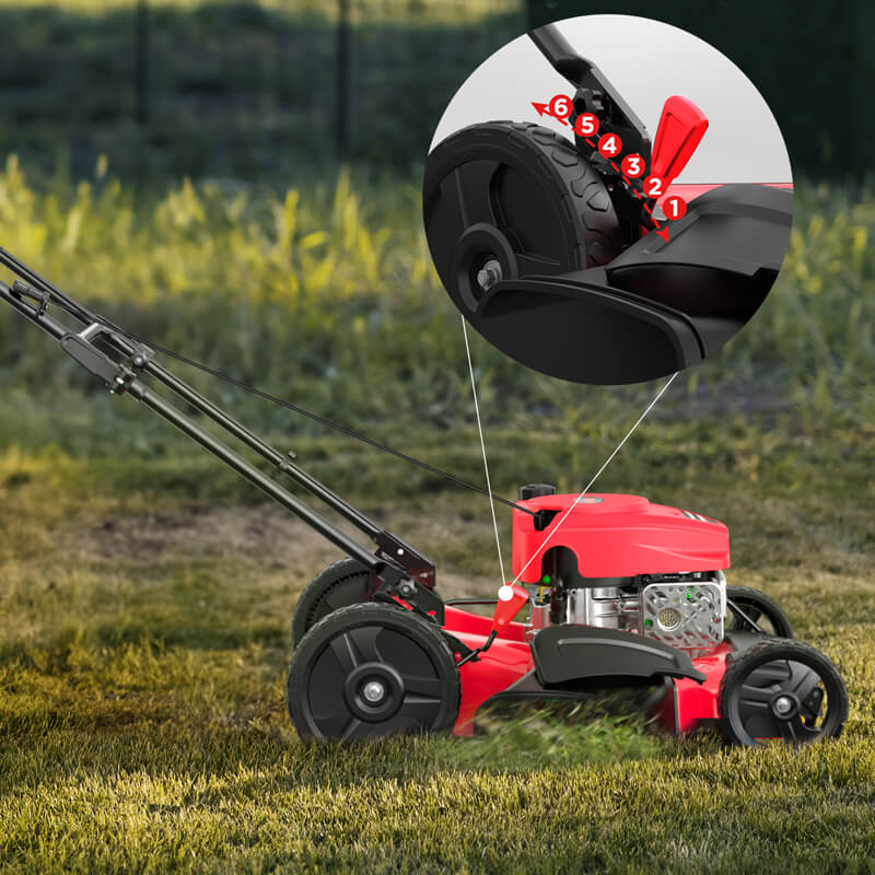 Red lawn mower on grass with close-up of blade mechanism