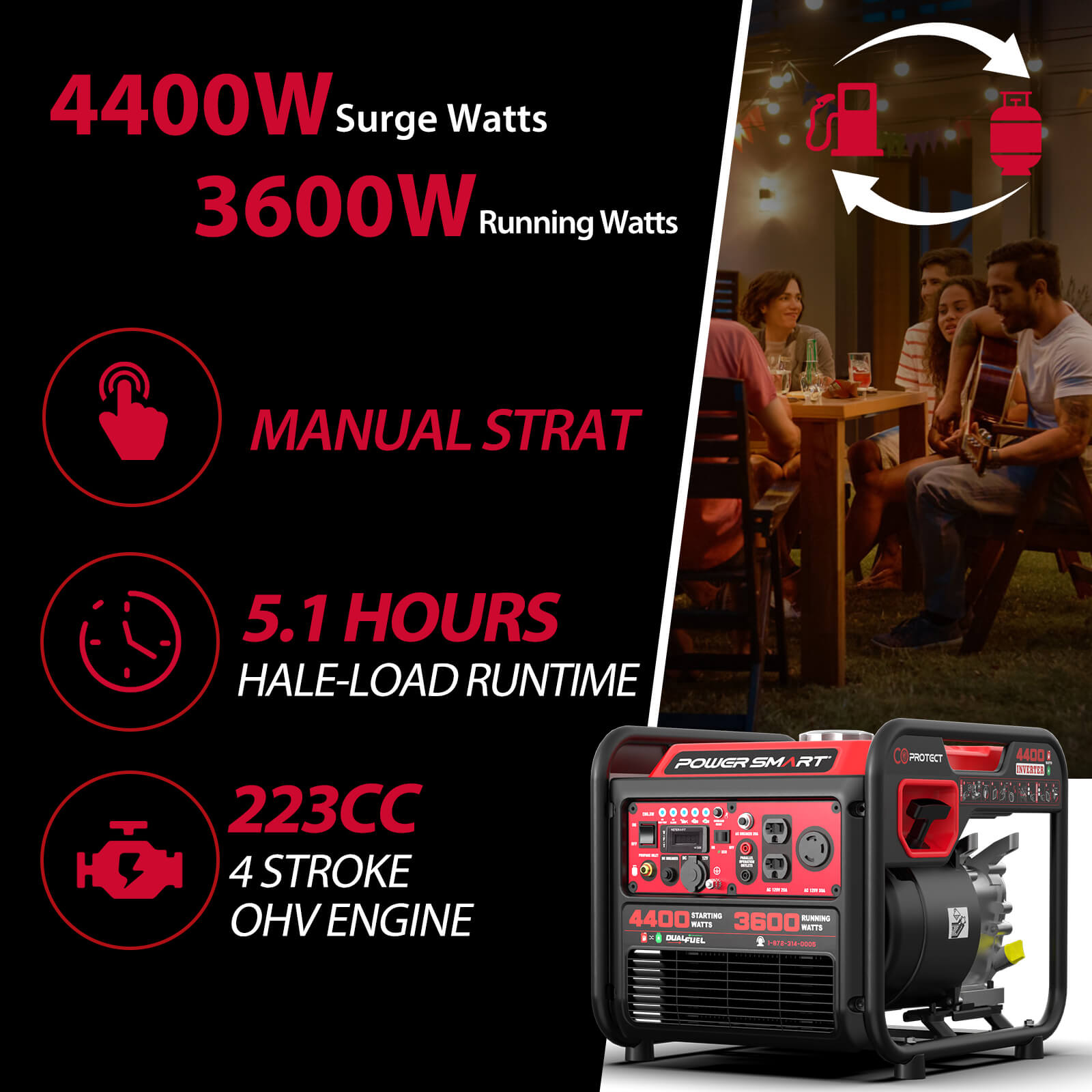 4400W Open Frame Dual Fuel Inverter Generator w/ CO Alert MB5040DC