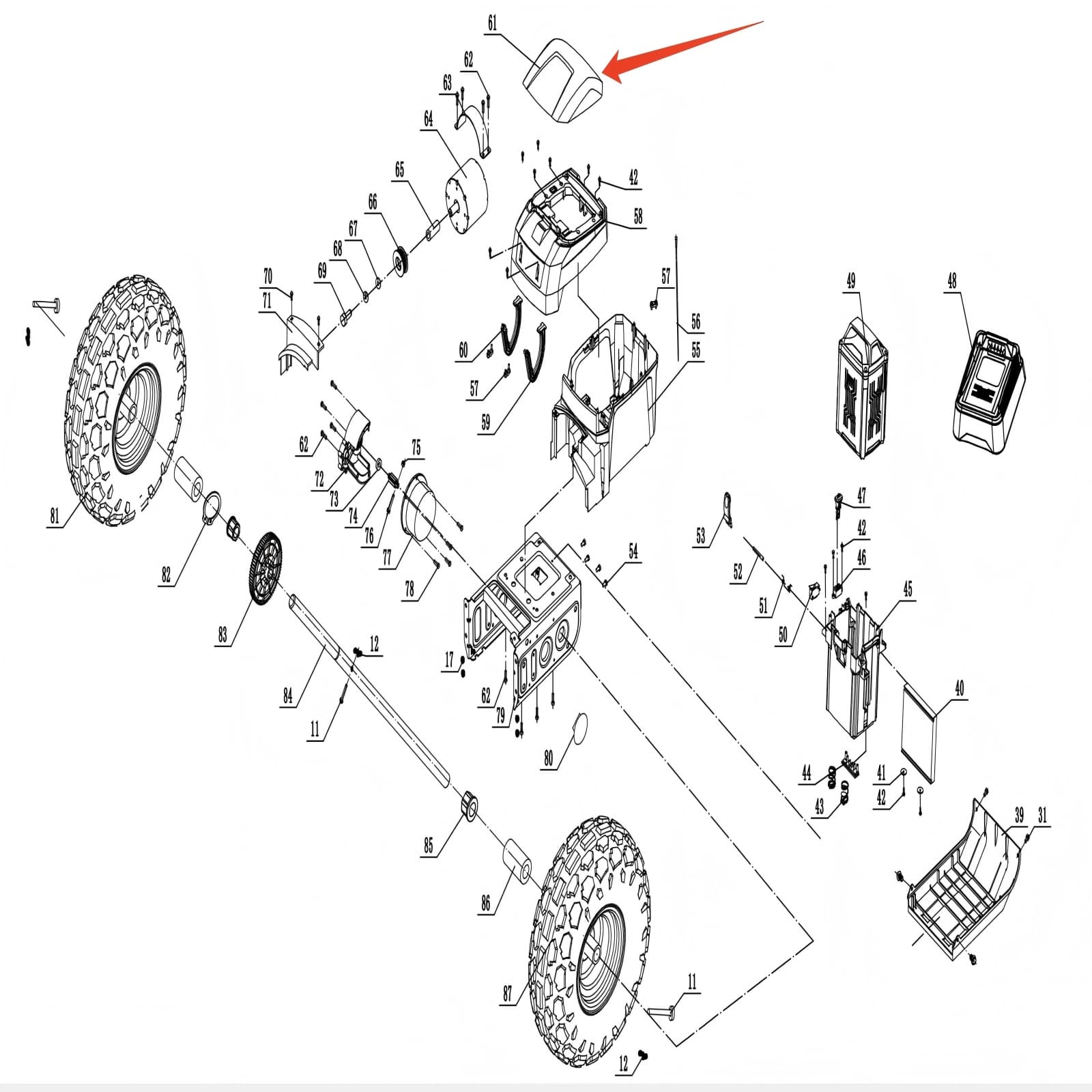 Snow Blower Parts - Battery Pack Outer Cover Upper Shell, Stock #203010933