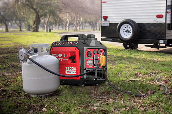 PowerSmart 3800W Dual Fuel Inverter Generator connected to propane tank outdoors near an RV