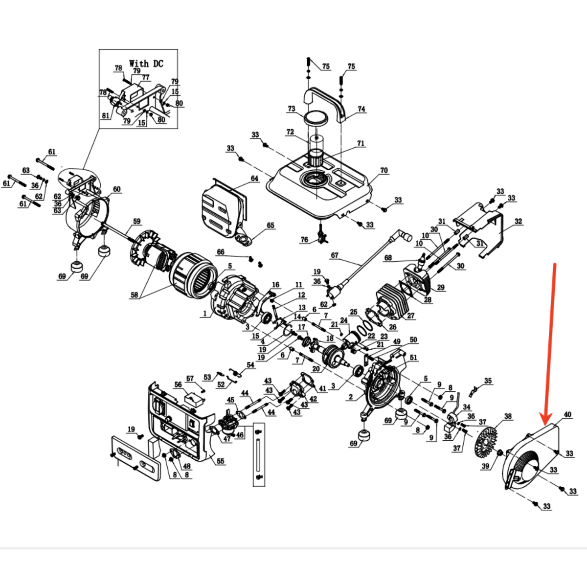 Generator Part - Recoil starter assembly,Stock #022010400013