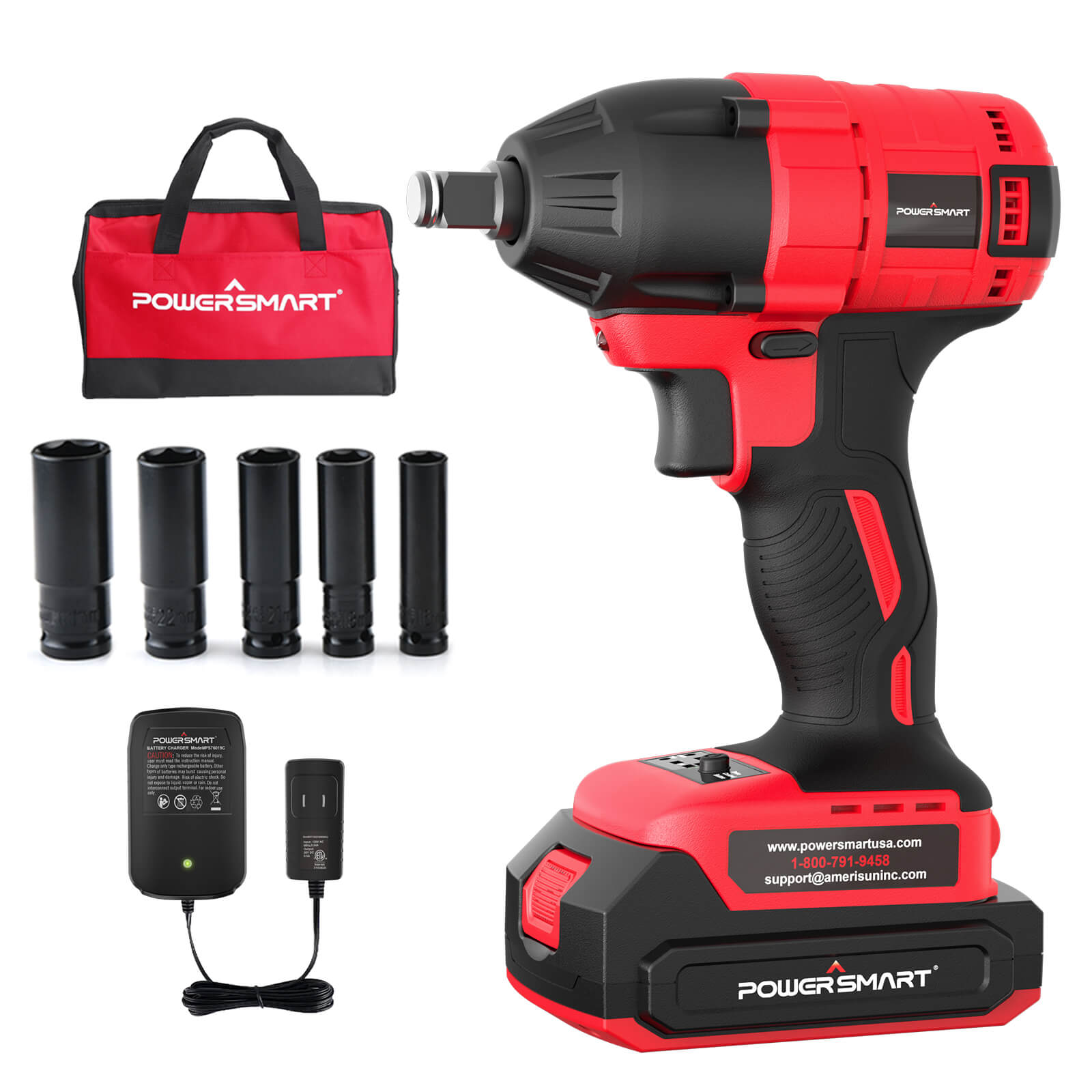 20V Brushless Cordless Impact Wrench w/ Battery, Charger and Power Bits/Nut Drivers/Sockets Set PS76142B