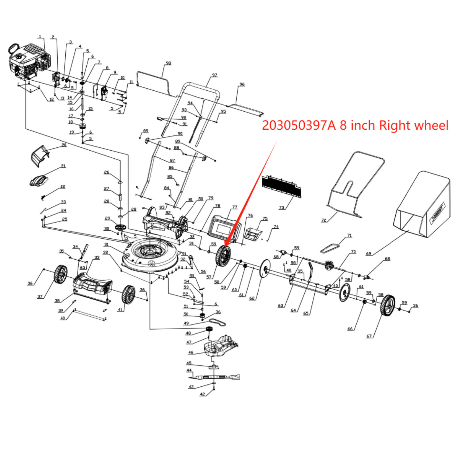 Lawn Mower Parts - 8-inch Self-Propelled Right wheel, Stock #: 203050397A