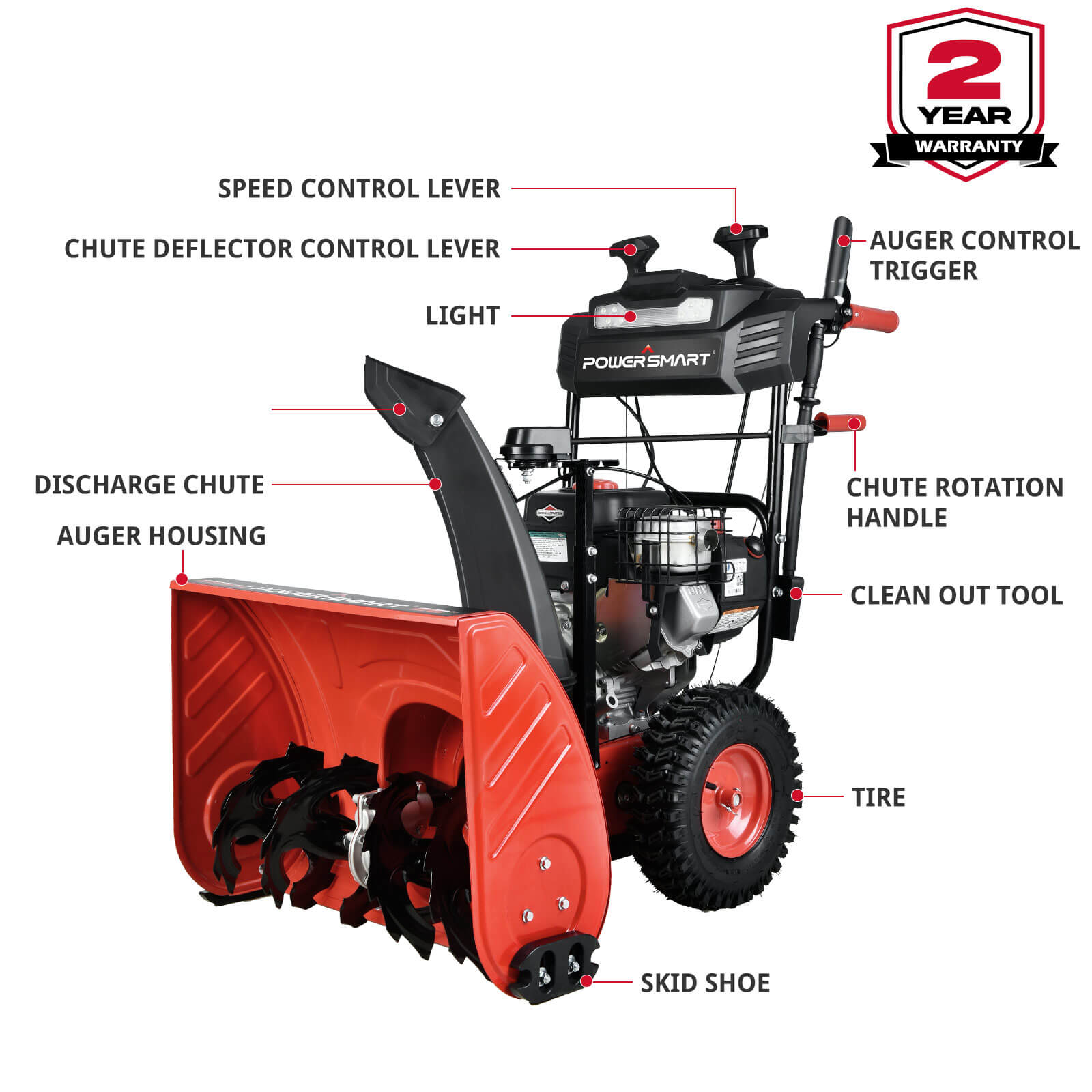 24" 208cc Two Stage Electric Start Gas Snow Blower w/ Briggs Stratton Engine HB7109A