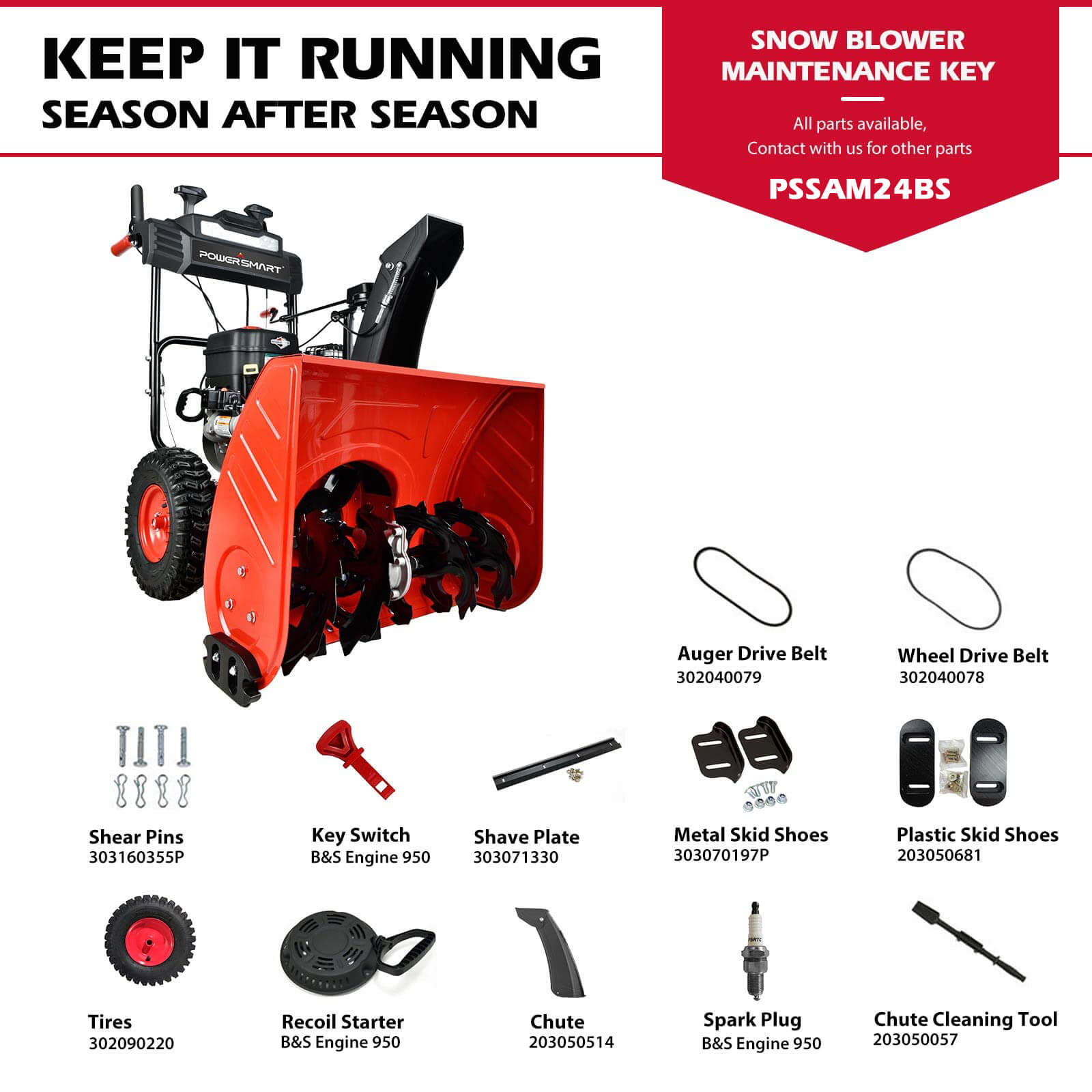 24" 208cc Two Stage Electric Start Gas Snow Blower with Brigg Stratton Engine PSSAM24BS-M