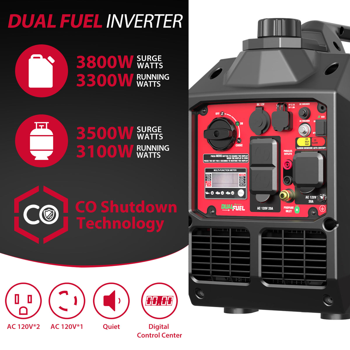 3800W/3500W Gas/Propane Dual Fuel Inverter Generator w/ CO Alert HB504