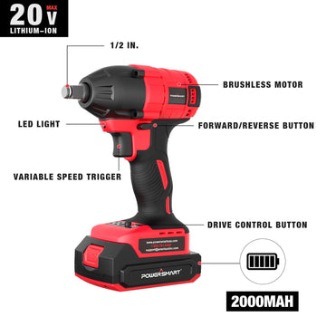 20V Brushless Cordless Impact Wrench w/ Battery, Charger and Power Bits/Nut Drivers/Sockets Set PS76142B