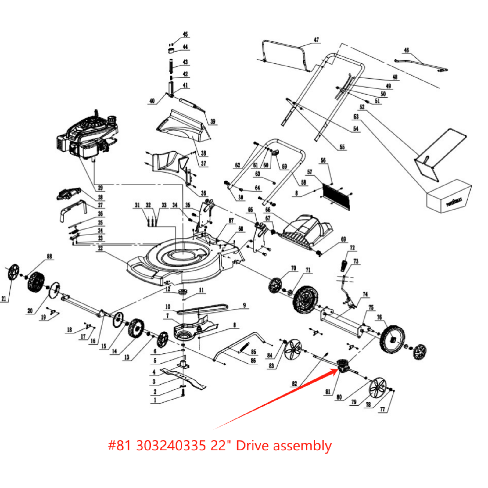 PowerSmart Lawn Mower Parts - 22" Drive assembly, Stock #: 303240335
