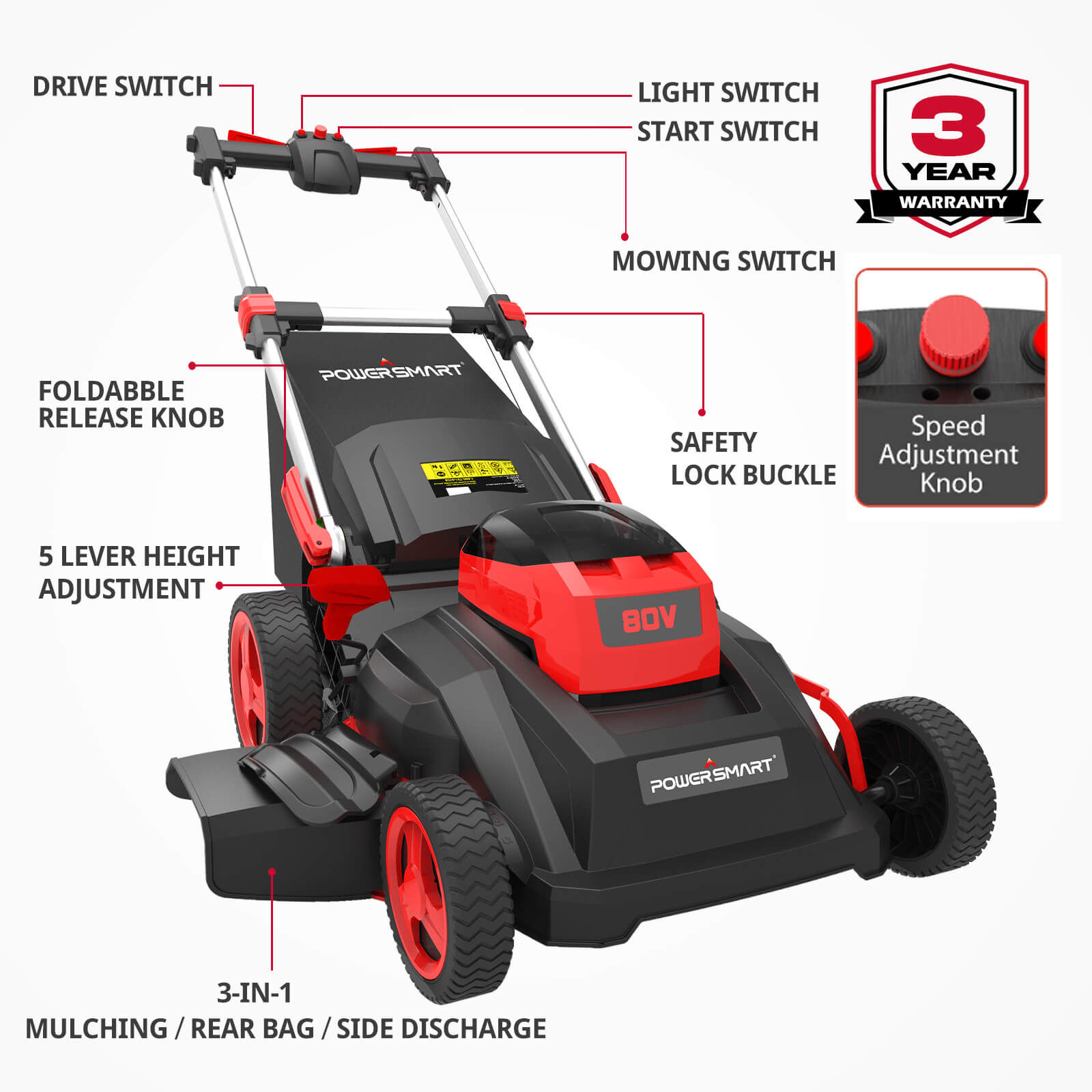80V 26" Brushless Cordless Self-propelled Lawn Mower Red