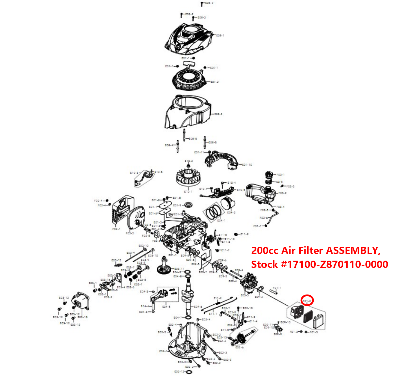 PowerSmart Lawn Mower Parts-200cc Air Filter ASSEMBLY, Stock #17100-Z870110-0000