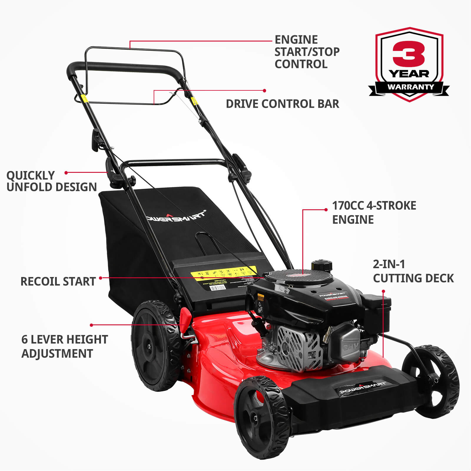21" 170cc Gas Self-propelled 3-in -1 Lawn Mower w/ 10-Inch Rear Wheels MB8602S