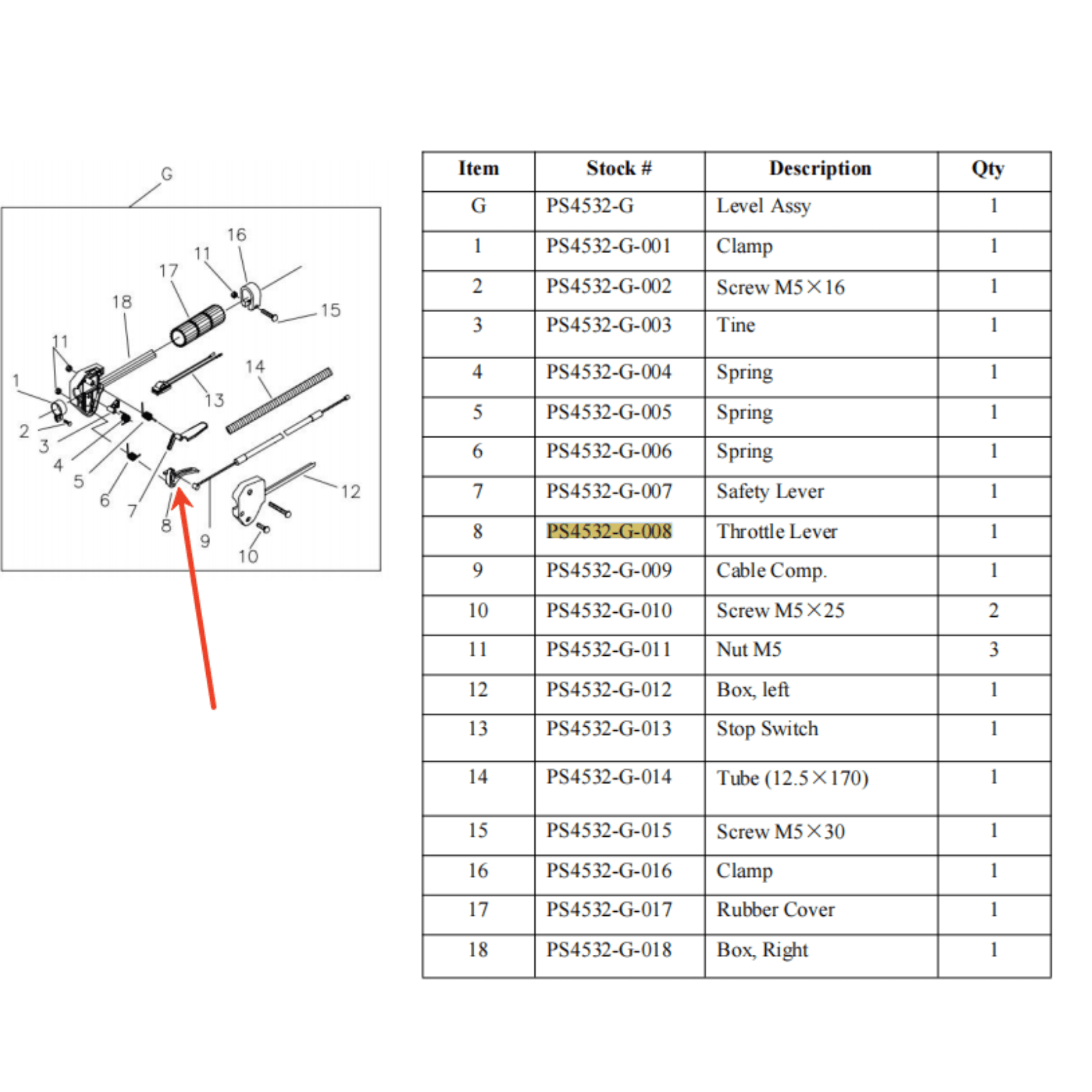 Lawn Mower parts- Throttle Lever, Stock number PS4532-G-008