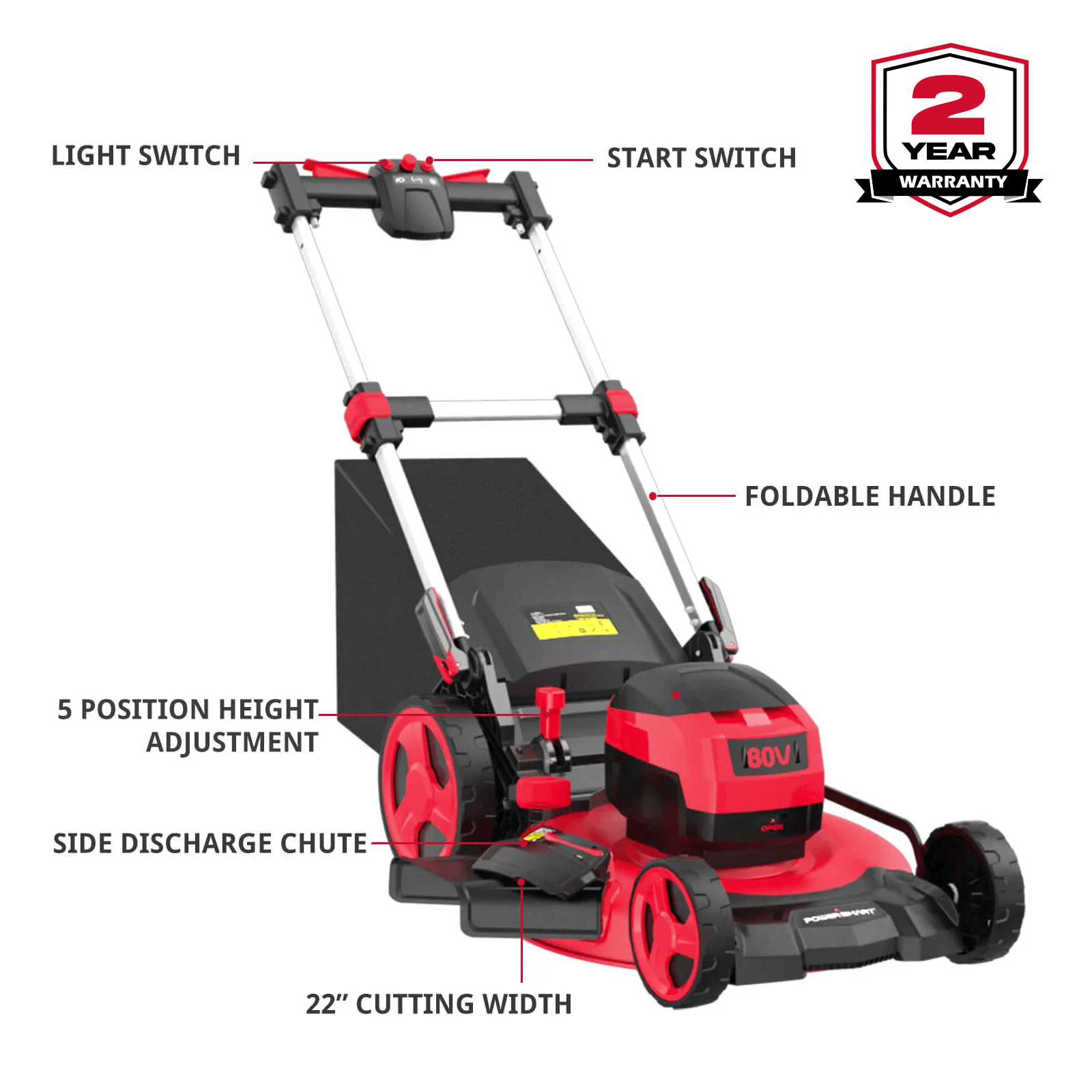 80V 22 Brushless Cordless Self propelled Lawn Mower Red PS76822SRB PowerSmart USA