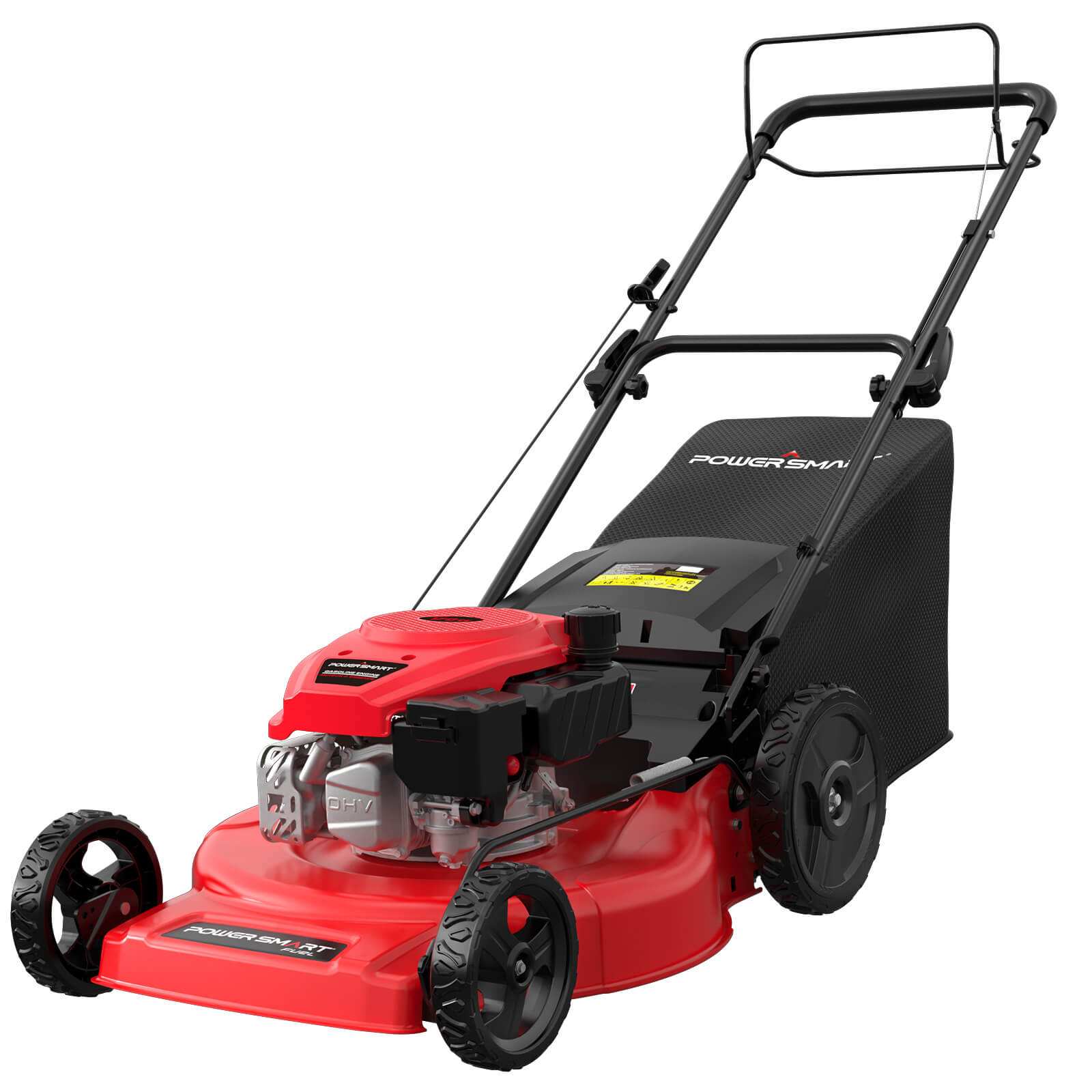 A red and black 22 inch 170cc gas self-propelled lawn mower with a rear bag and side discharge.