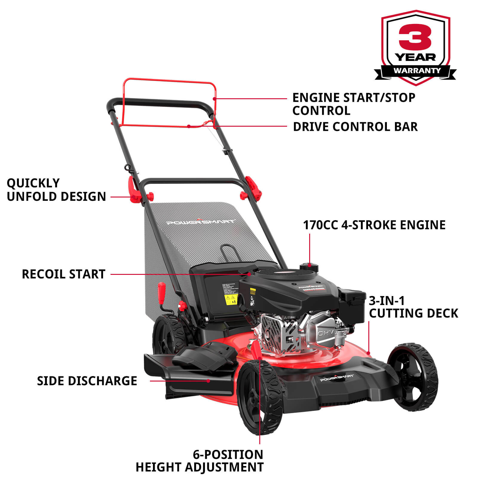 21 " 170cc Gas Self-Propelled Lawn Mower Red DB8621AS