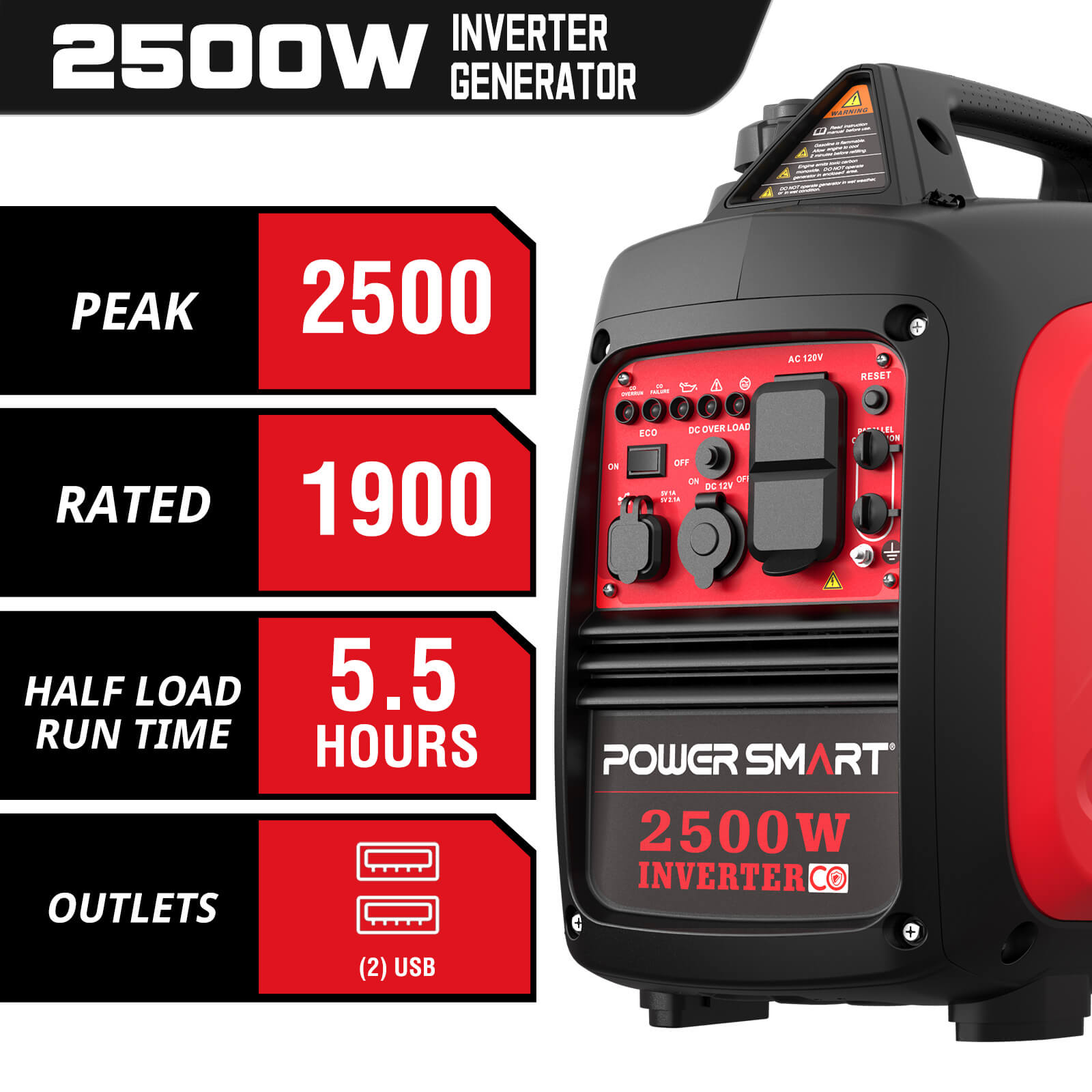 2500W inverter Gas Generator w/ CO Alert HB5020C