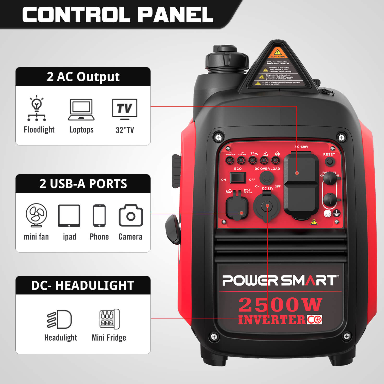 2500W Inverter Gas Generator w/ CO Alert HB5020C