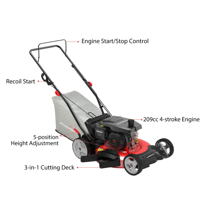 21'' 209cc Gas Push Lawn Mower Red DB2321PH | PowerSmart USA