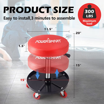 300-pound Capacity Rolling Mechanic Stool - Adjustable Height, Pneumatic Creeper Garage/Shop Seat with Wheels PS1101