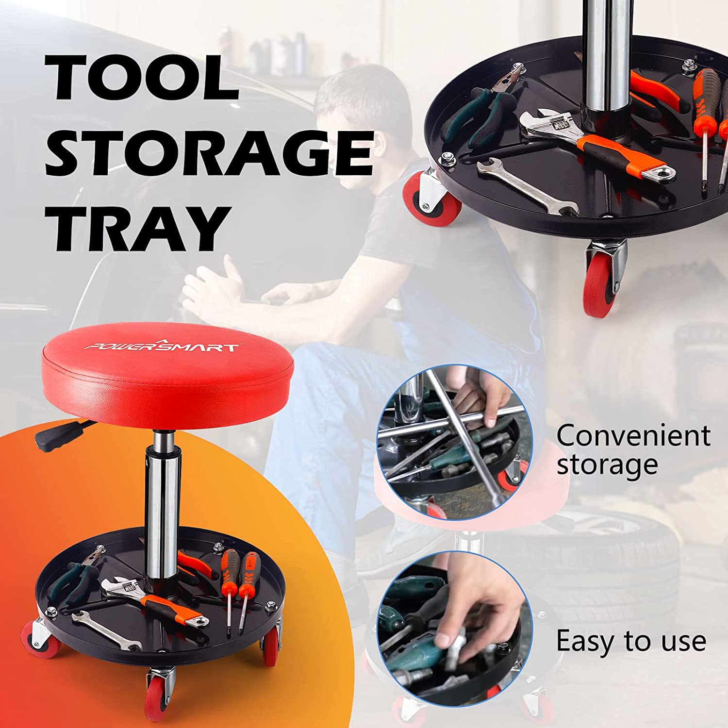 300-pound Capacity Rolling Mechanic Stool Garage/Shop Seat with Wheels PS1101