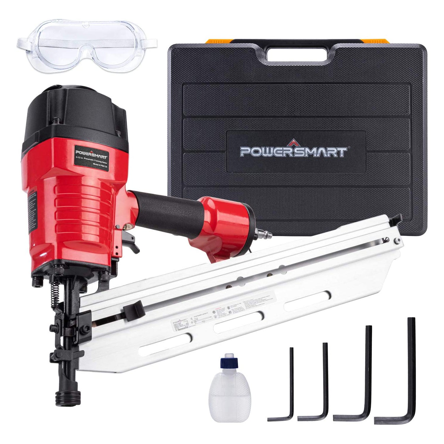 Full Round Head Nail Gun, 21" Framing Nailer, Safety Goggles, Storage Case Included PS6120